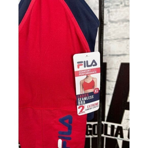 Fila XL (2) Red & Blue Logo Seamless V-Neck Removable Pads Longling Comfort Bras - Picture 5 of 6